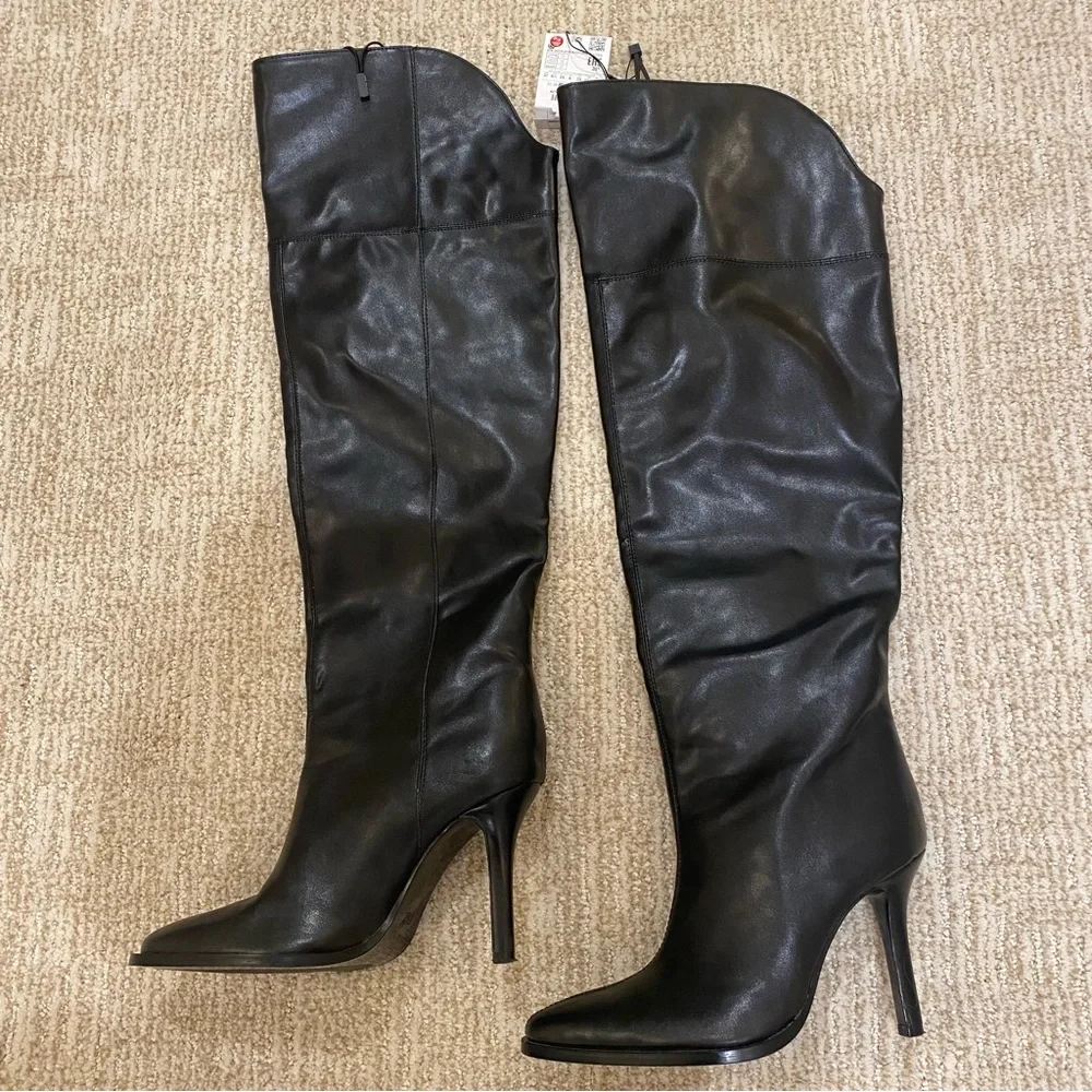Zara NWT knee high pull on Black Stiletto heel Women's Boots size 6 1/2 or 37